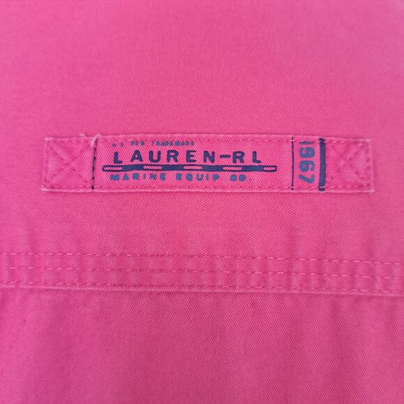 LAUREN Pink Button Down Camp Shirt Large Cotton Roll Tab Sleeve Pockets - Picture 7 of 11